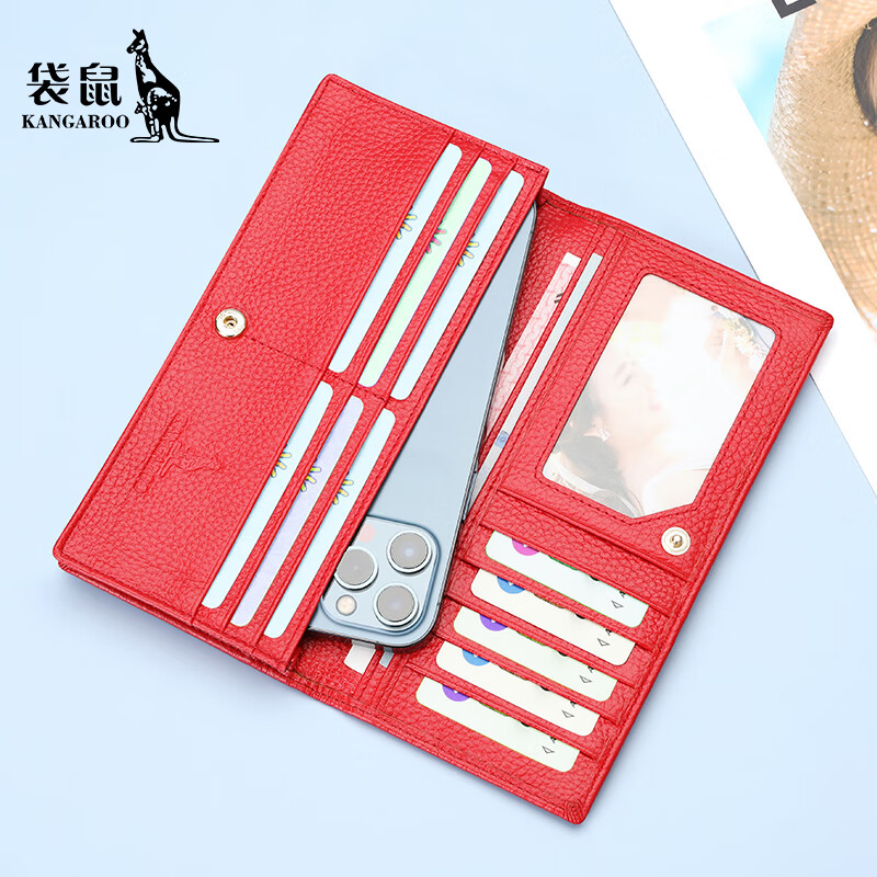 Kangaroo Wallet Women's Long Genuine Leather Cowhide 2024 New Handbag Women's Small Bag Clutch Bag Women's Wallet Wallet Red