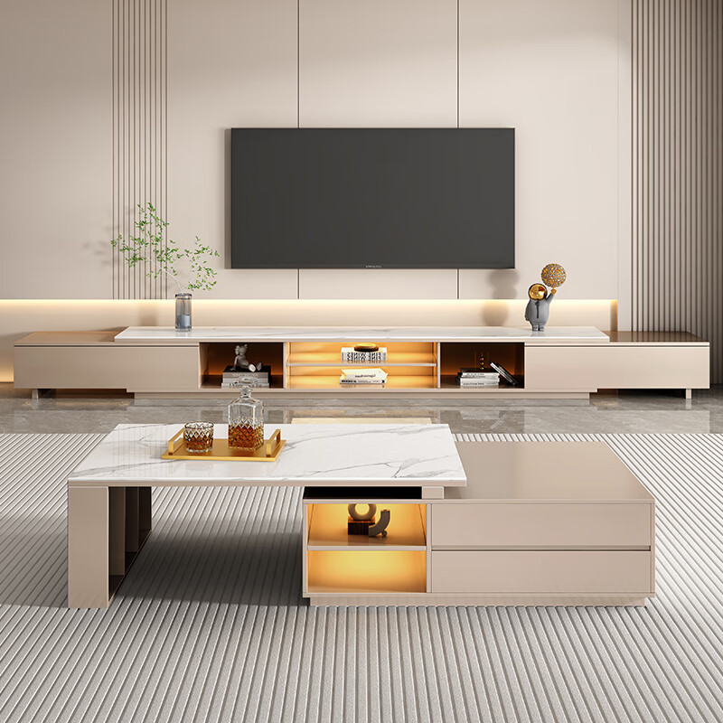Mushun light luxury coffee table TV cabinet modern simple home living room storage cabinet small apartment retractable TV cabinet combination retractable coffee table 1.1-1.8 meters light luxury gray