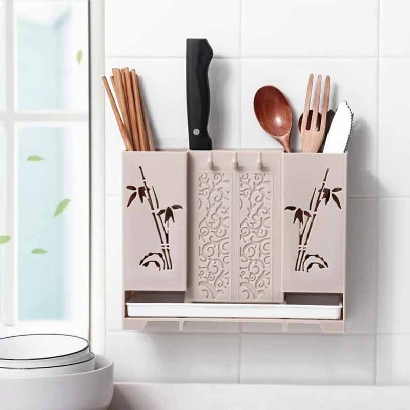 Canzhi chopstick barrel wall-mounted chopstick storage box kitchen spoon chopstick storage rack punch-free chopstick cage drain rack wall-mounted with knife holder (light blue)