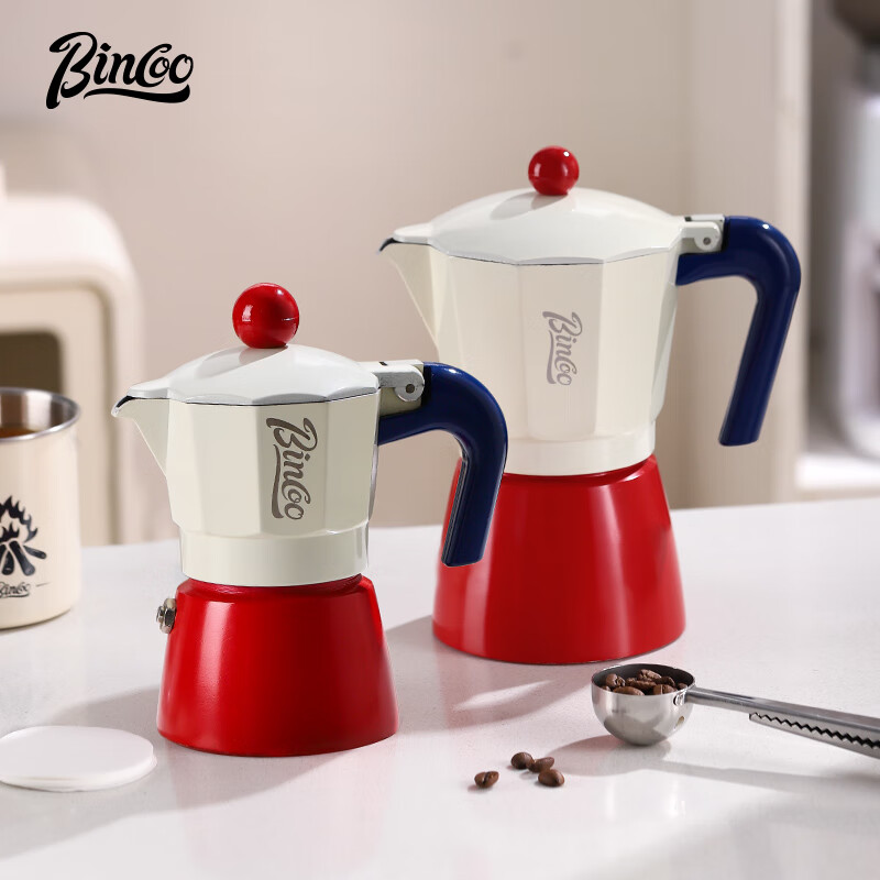 Bincoo Coffee Moka Pot Home Italian Coffee Pot Concentrated Extraction Small Electric Stove Hand Brewed Coffee Pot Set Three Cups Red and White Moka Pot + 100 Filter Papers
