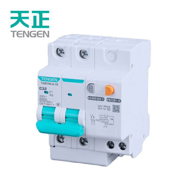 Tianzheng Electric (TENGEN) TGB1NLA series charging pile circuit breaker 32 frame C type air switch with leakage protection TGB1NLA-32 1P+N C16 30mA 2P