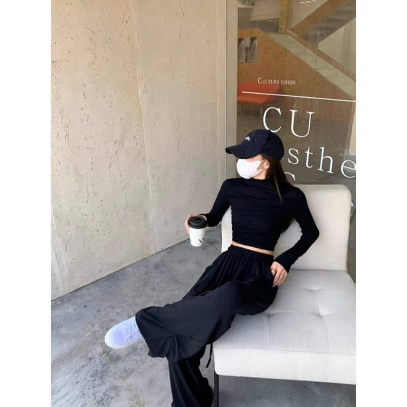 Yalu hot girl slim pleated half-high collar long-sleeved T-shirt for women autumn and winter gray tight inner short top bottoming shirt black M