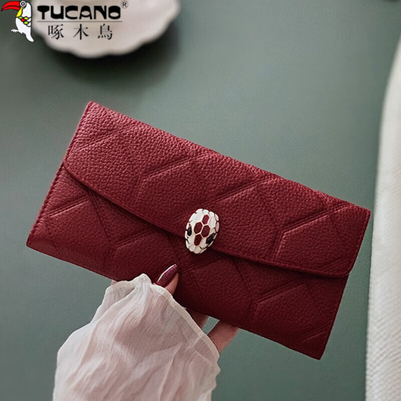 Woodpecker (TUCANO) first-layer cowhide inside and outside 2024 new fashion wallet women's long genuine leather large capacity hand wallet mobile phone temperament burgundy