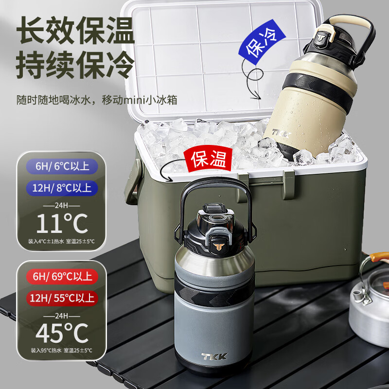 TKK thermos cup large capacity 1000ml portable men's 316 stainless steel food grade tons of cold storage sports water bottle lion orange + double drinking lid + strap 1000ml