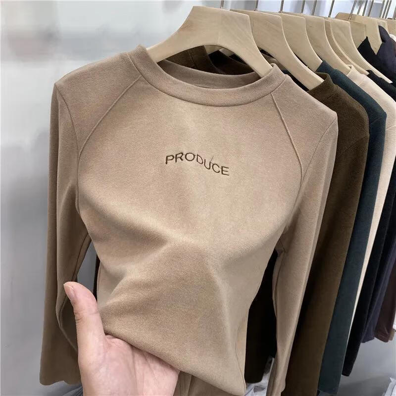 Xunliba velvet bottoming shirt for women in autumn and winter, versatile new velvet warm long-sleeved t-shirt, stylish inner top for women, dark gray warm velvet XL 115-130