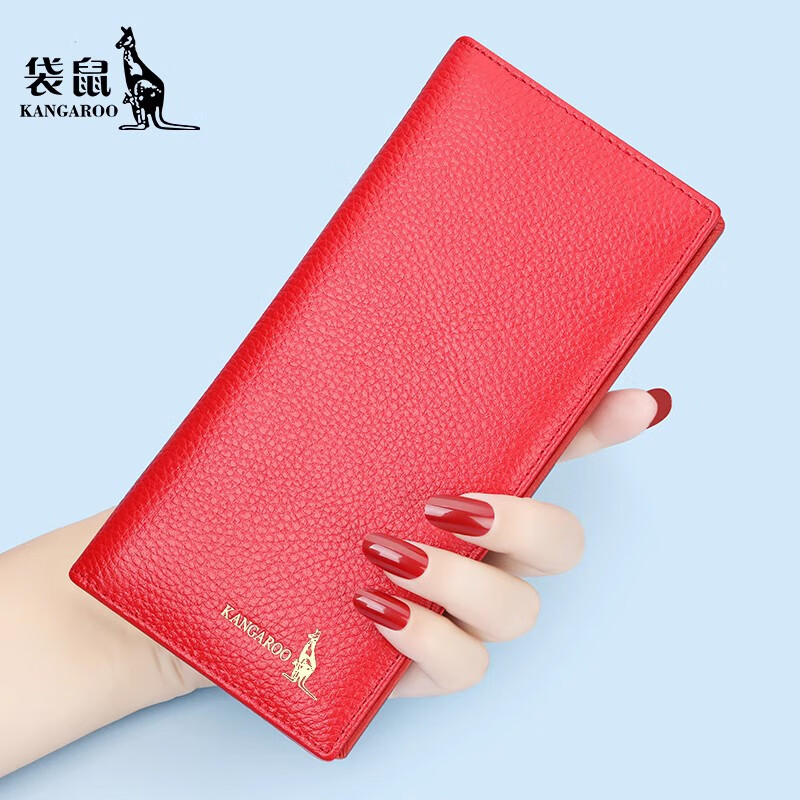 Kangaroo long wallet women's leather 2026 new style simple fashion genuine leather wallet multi-card slot wallet red-thick version