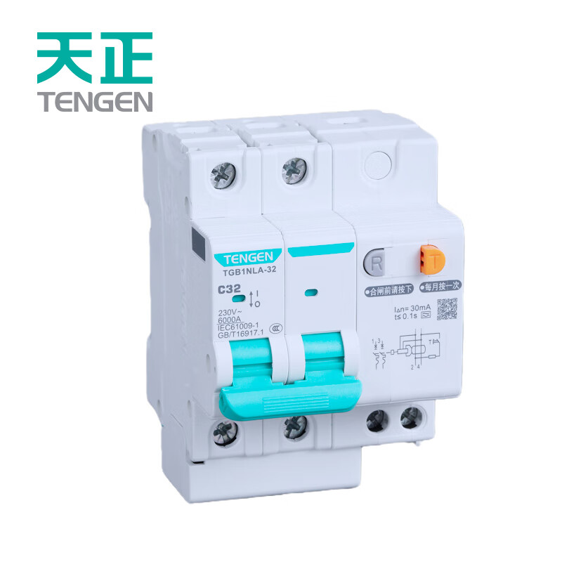 Tianzheng Electric (TENGEN) TGB1NLA series charging pile circuit breaker 32 frame C type air switch with leakage protection TGB1NLA-32 1P+N C16 30mA 2P