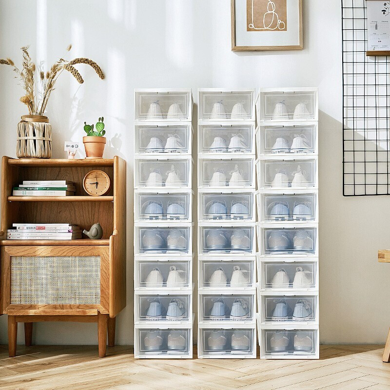 SPACEXPERT Plastic Shoe Box Transparent Storage Box Student Dormitory Simple Shoe Cabinet Shoe Rack Thickened Moisture-proof and Dust-proof Storage Cabinet White Large Size Three Pack