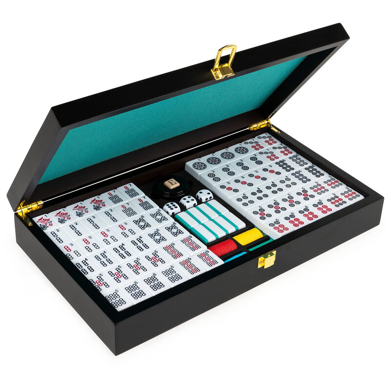 SPIN MASTER classic mahjong set, two-color porcelain tiles, solid wood storage box, family leisure game