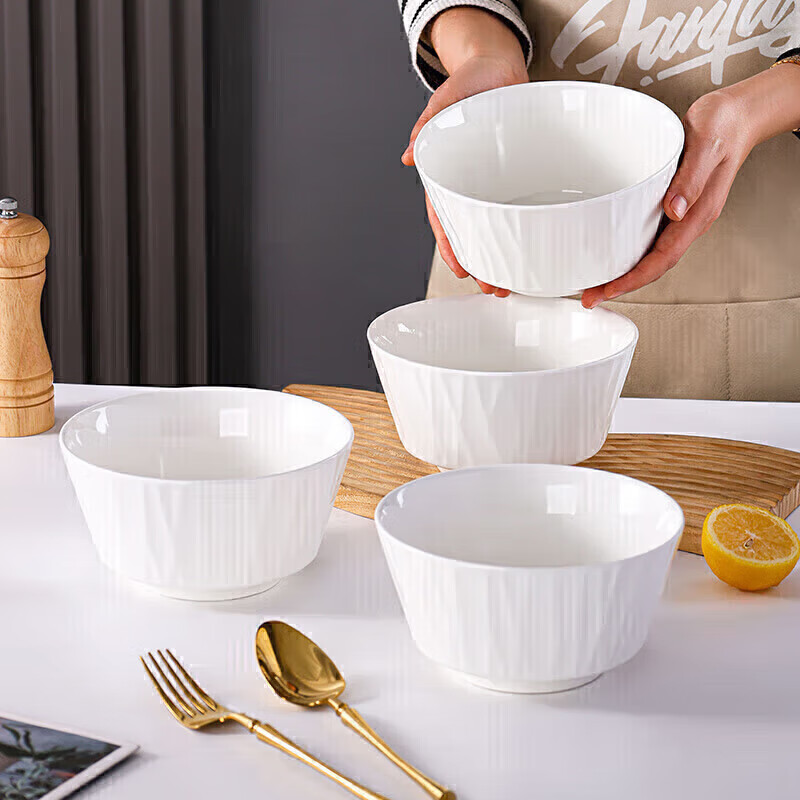Jie Yajie Ceramic Noodle Bowl Household Large White Porcelain Bowl Underglaze Color 6-inch Large Bowl Rice Bowl 4 Pack White Glaze
