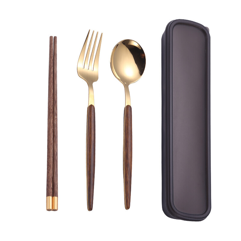 Harvest portable tableware, chopsticks and spoon set, student office worker tableware box, portable chopsticks, spoon and fork three-piece set, silver spoon + chopsticks (with box + bag)