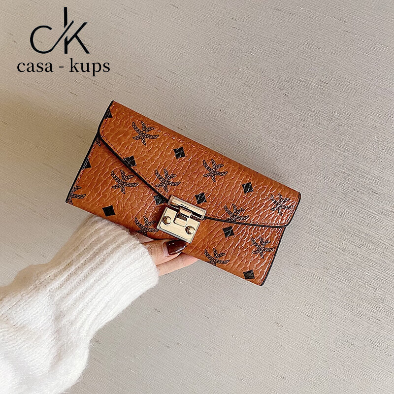 Casa-kups women's bag 2025 new ins retro lock wallet ladies personality student Korean version clutch bag long multi-card brown long