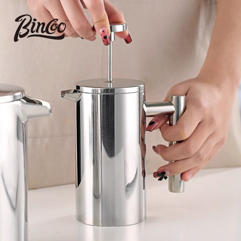 Bincoo double-layer 304 stainless steel French press filter household large-capacity hand-brewed coffee pot milk frother steel color-1000ml
