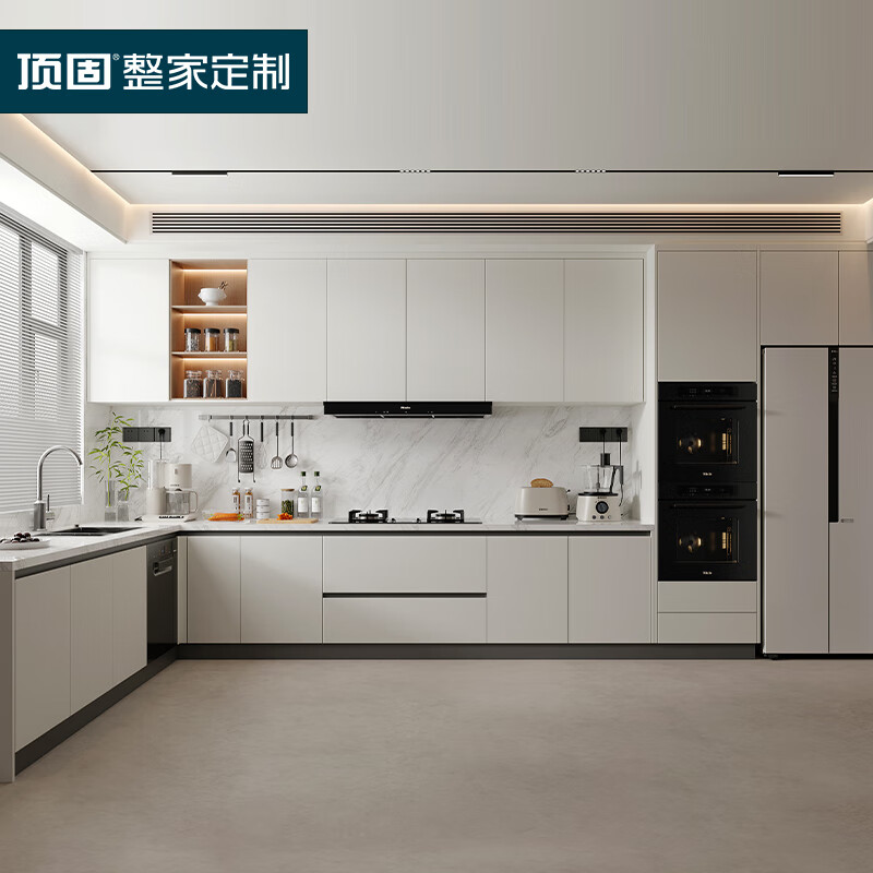 Dinggu cabinets customized integrated kitchen kitchen cabinets modern minimalist open L-shaped kitchen quartz stone countertop white dew series prepaid deposit