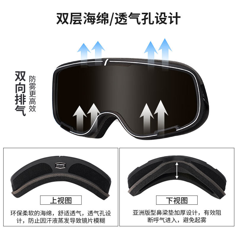 C-RIDING Retro Motorcycle Goggles Cruise Motorcycle Anti-Sand Cycling Helmet Goggles Can Wear Myopic Glasses Pedal Commuting Black Frame Silver-plated Lenses