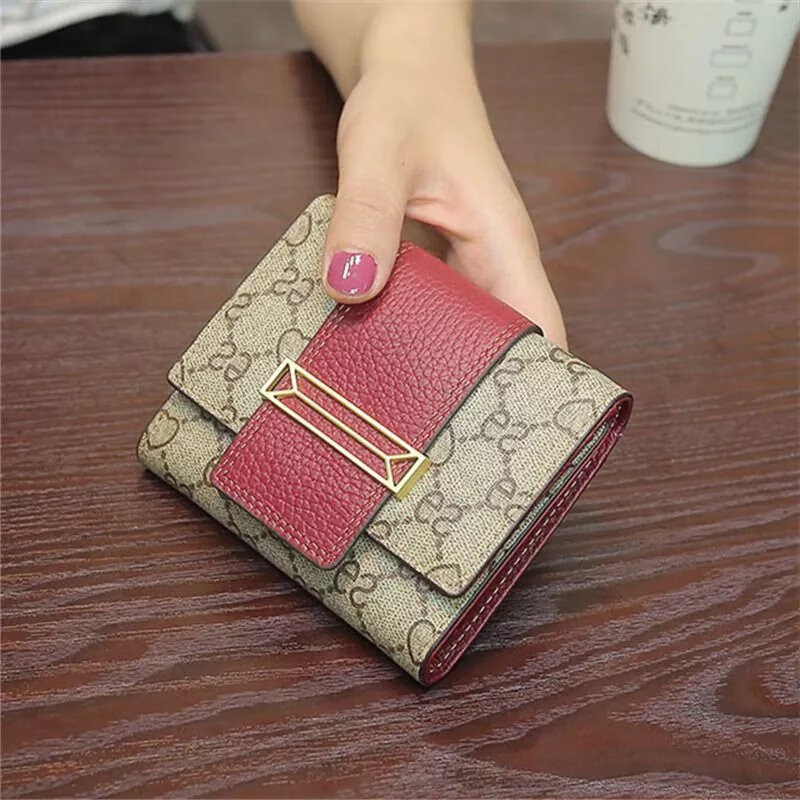 CALCULAT&KEEN women's bag light luxury European and American small wallet women's short genuine leather mini 2024 new Korean version printed wallet khaki