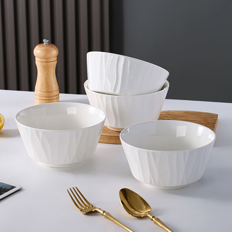 Jie Yajie Ceramic Noodle Bowl Household Large White Porcelain Bowl Underglaze Color 6-inch Large Bowl Rice Bowl 4 Pack White Glaze