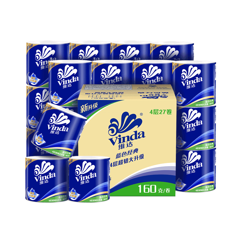 Vinda cored roll paper blue classic 4-layer 160g*27 rolls thick, tough and durable toilet paper roll paper towels full box
