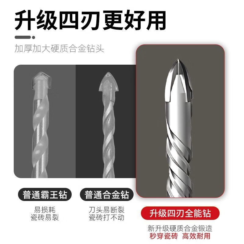 Delixi Electric all-ceramic four-blade impact drill bit light electric hammer drill bit two pits two grooves round head brick red brick concrete brick wood drilling full specification 6+8+10+12 four-piece set