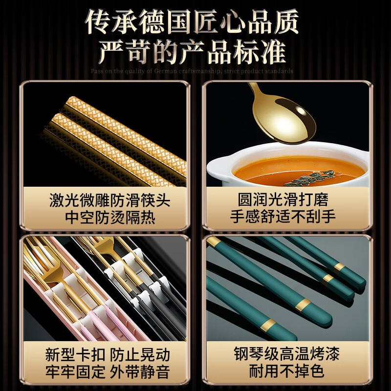Labton 316L Stainless Steel Portable Chopsticks Spoon Set Tableware Portable Student Adult Office Worker Three-piece Set Gold Black 316L-Chopsticks Spoon Fork Black Box