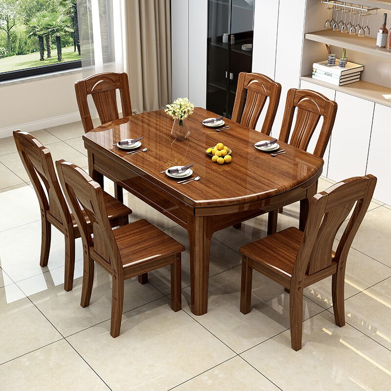 Fulian Fujia golden sandalwood solid wood dining table and chair combination home dining table retractable and foldable square and round dual-purpose small apartment 1.5 meters one table 6 chairs all solid wood
