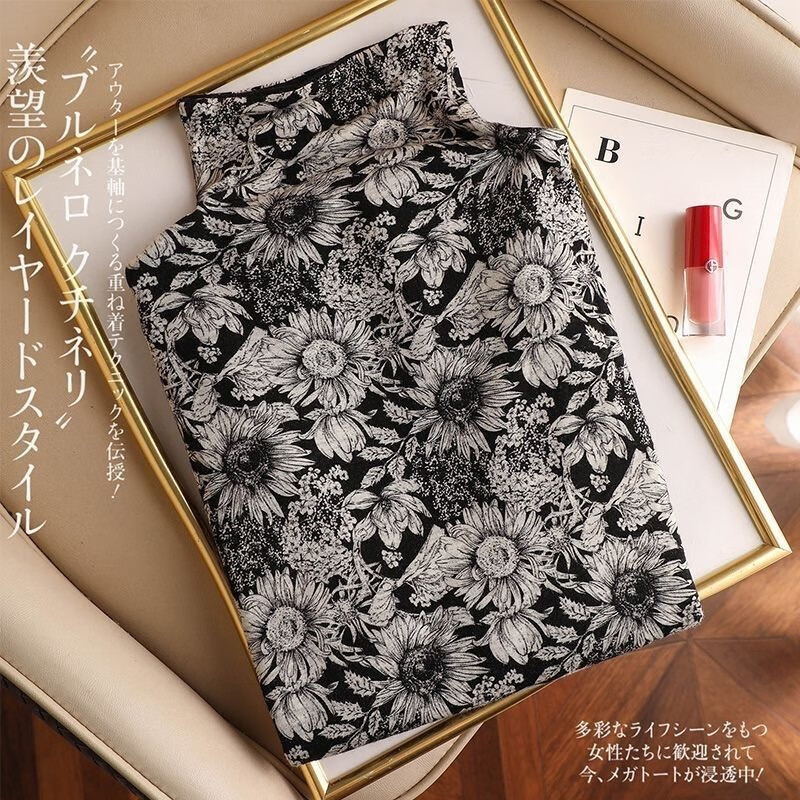 Su Ningning original quality half-turtle collar German velvet bottoming shirt for women in autumn and winter, Western style plus velvet thickened printed T-shirt, Yinhua German velvet (soon to be sold out) XL recommended 115-130 pounds