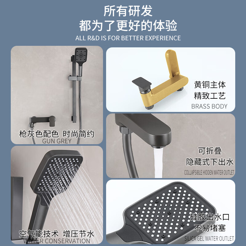 Tipai Gun Gray Bathroom Shower Set Rain Sprinkler Bathroom Hot and Cold Full Copper Mixing Valve Bathtub Faucet Black G Style (Square Sprinkler)