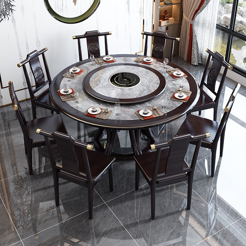 Taicai new Chinese style solid wood slate hot pot table with turntable induction cooker home large round table round restaurant dining table black purple (normal style) 1.8m dining table + 12 chairs with 1.2m turntable