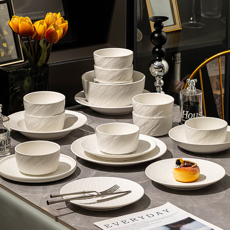 Shengxi bowls and plates tableware pure white rock pattern underglaze color tableware complete set of ceramic bowl set bowls and dishes bowls and chopsticks set for housewarming 10 people with soup bowl gift box set 42 pieces