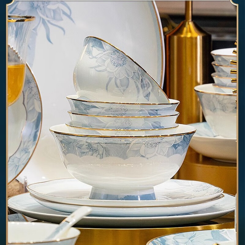 Ruxi Jingdezhen 2025 new bone china tableware household Chinese tableware complete set of Chinese bowl set high-end housewarming gift Blue Lotus 6-person meal 38-piece set