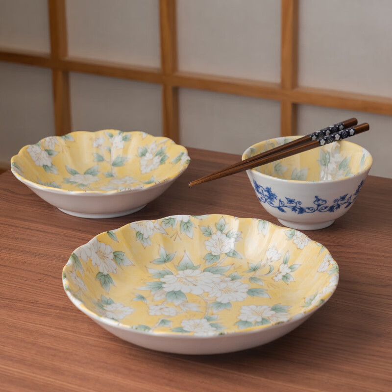 Mino Yaki Japan imported hibiscus bright yellow 8-piece ceramic tableware set household bowl and plate combination underglaze color high appearance Hibiscus bright yellow 8-piece set