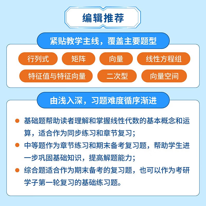Song Hao's selected 750 questions in advanced mathematics, Volume 1 and 2. Collection of college mathematics exercises. Selected 450 questions in linear algebra. Song Hao's college final exam in advanced mathematics. Textbook. Mathematics for junior college to undergraduate. Postgraduate entrance examination mathematics brush questions. Algebra 1, 2 and 3. Selected 450 questions in linear algebra.