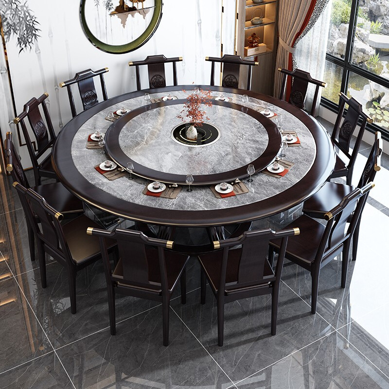 Taicai new Chinese style solid wood slate hot pot table with turntable induction cooker home large round table round restaurant dining table black purple (normal style) 1.8m dining table + 12 chairs with 1.2m turntable
