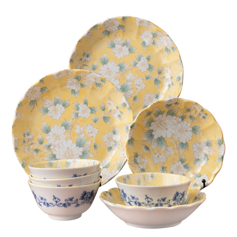 Mino Yaki Japan imported hibiscus bright yellow 8-piece ceramic tableware set household bowl and plate combination underglaze color high appearance Hibiscus bright yellow 8-piece set