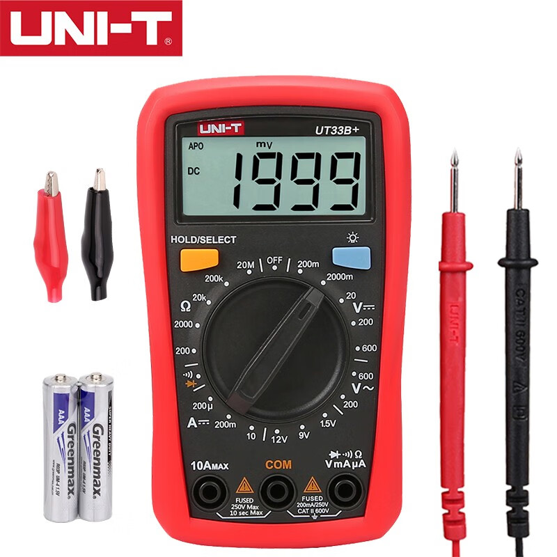 UNI-T digital multimeter high-precision multi-functional intelligent anti-burn multimeter electrician special small household voltage and current UT33B+ plus spare alligator clips and battery