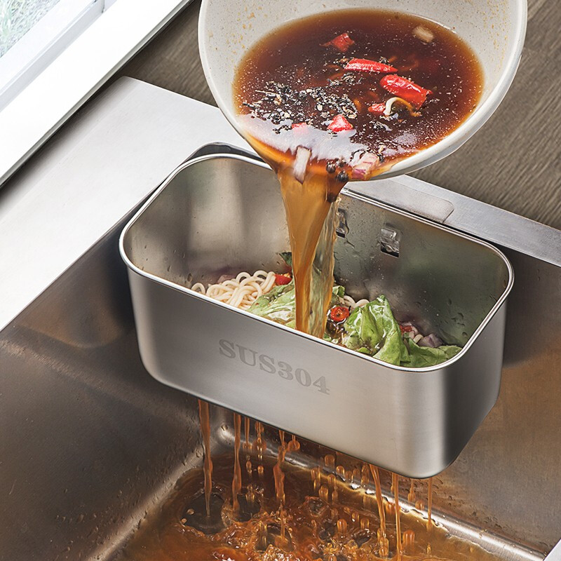 Lan Ai sink drain basket garbage filter 304 stainless steel drain leftovers suction cup rag storage hanging basket 304 stainless steel natural color rectangular drain rack