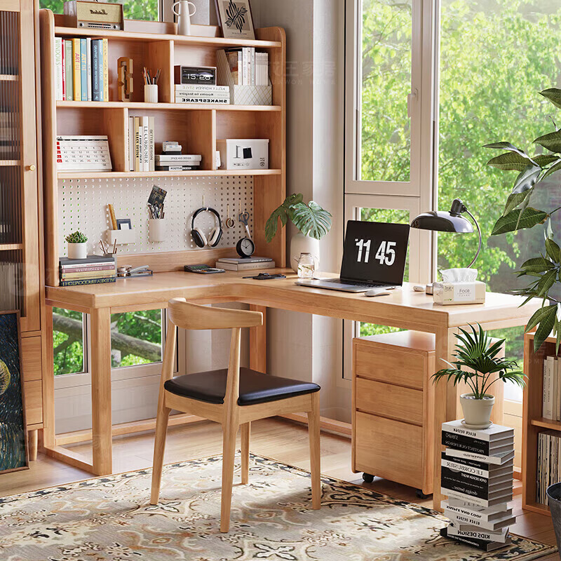 Kao solid wood corner desk bookshelf integrated hole board study table corner L-shaped computer desk DB03#1.4m table and chair