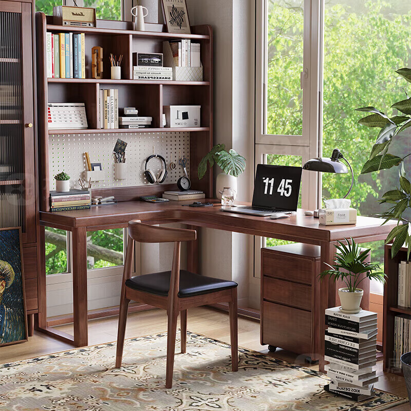 Kao solid wood corner desk bookshelf integrated hole board study table corner L-shaped computer desk DB03#1.4m table and chair