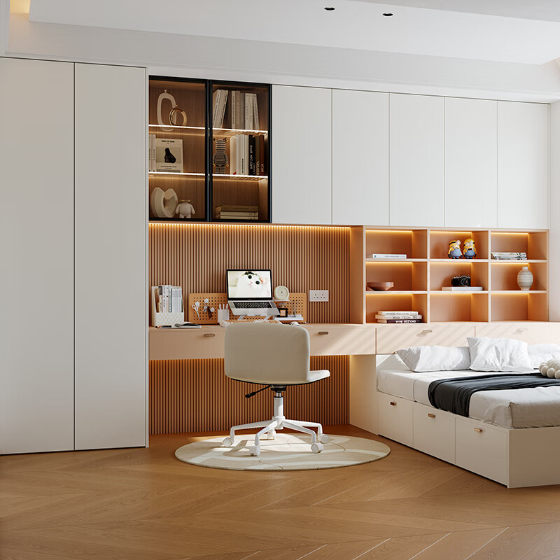 Oubli tatami customized modern simple wardrobe and bookcase combination integrated multi-layer board tatami bed customized for the whole house 899 per square meter customized gold