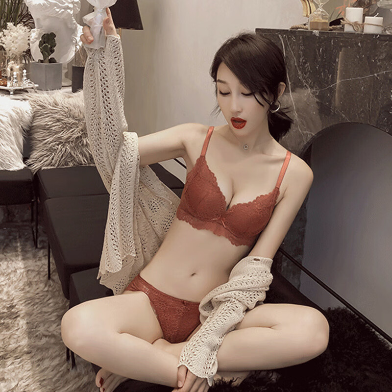 Maohuo (MAOHUO) Original Victoria Sexy Lace Temptation Beautiful Back Push-up Wireless Brand Bra Set Bra Bra Women Gray Purple Set Gift Box 75B