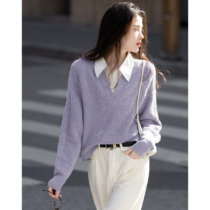 Demana Cloud Sweater Spring and Autumn Simple Style Commuting Spliced Lapel Comfortable Fiber Velvet Yarn Covering Flesh Knitted Sweater Women's Top