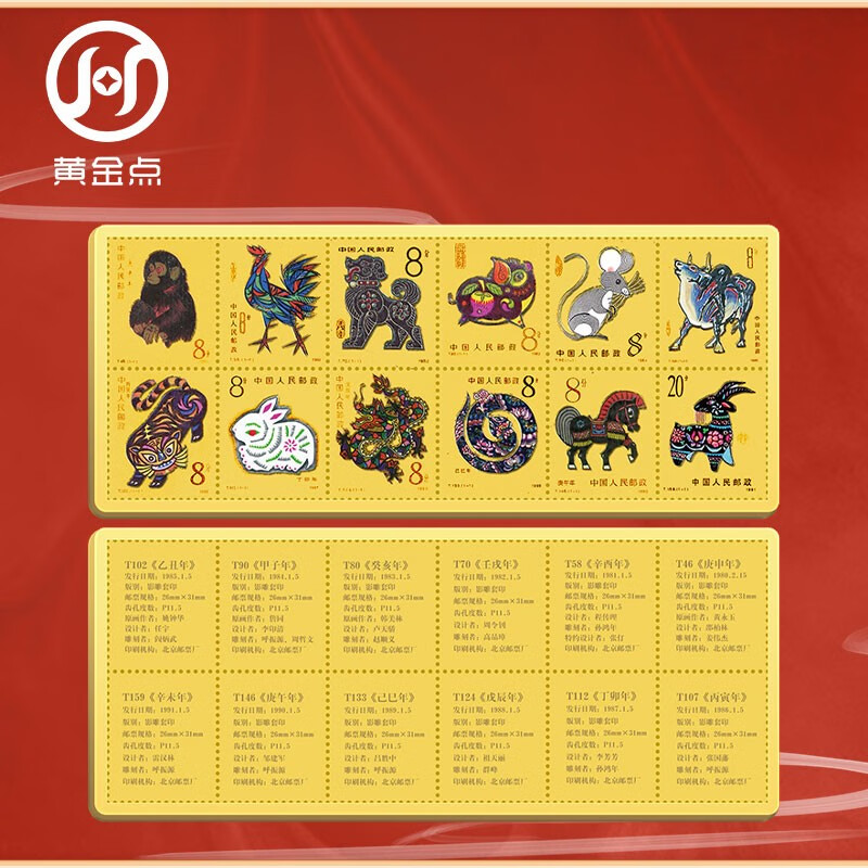 Chinese philately produces twelve zodiac stamps commemorative gold gift box Au999 pure gold set of 12 pieces for the Year of the Tiger, Rabbit and Dragon