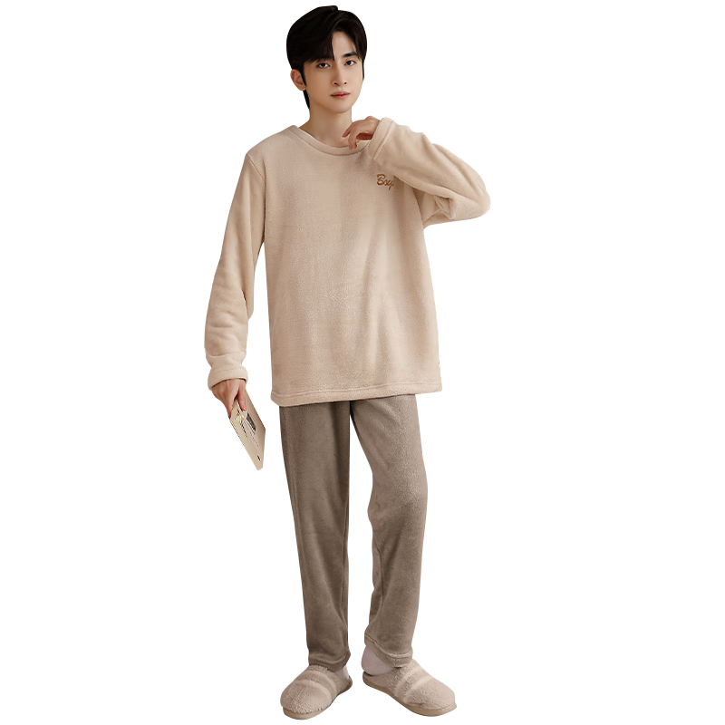 Anjiren Men's Pajamas Men's Autumn and Winter Plus Velvet Flannel Pullover Can Be Weared Outside Home Clothes Set Embroidered Rice 2XL