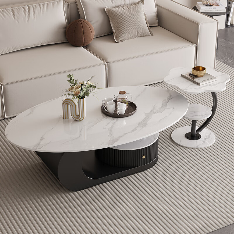 Verdanten light luxury style Italian slate coffee table for the living room oval coffee table table designer high-end small apartment tea table black frame + snow mountain white slate board 130*70*42 coffee table + side table