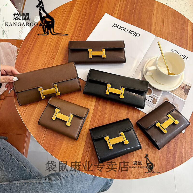 Kangaroo Wallet Women's Short 2024 Chinese Valentine's Day Light Luxury Retro Large Capacity Multi-Card Slots High-Value Folding Long Wallet Long Black