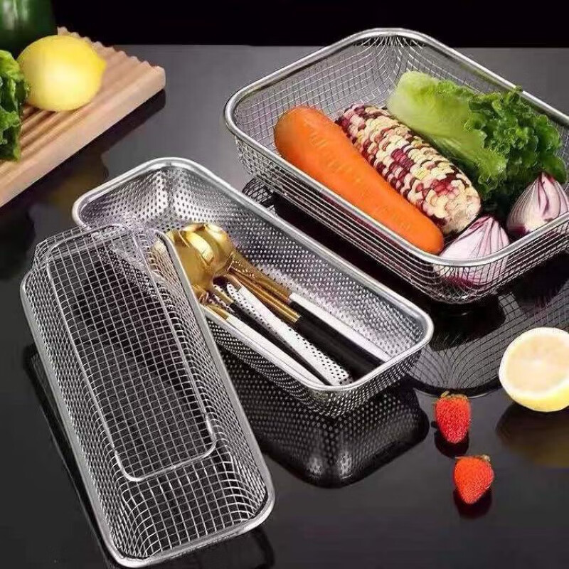 Enshousu stainless steel rectangular mesh basket thick steel wire mesh sieve kitchen vegetable basket fruit strainer basket bowl and chopsticks drain basket mesh medium square blue +30*22*6.5