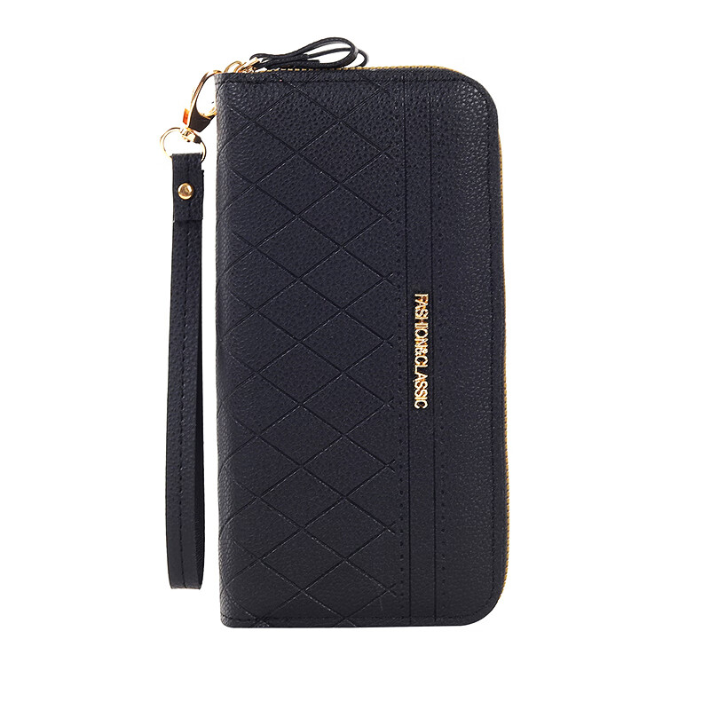 Kuqi Kangaroo New Double Zipper Wallet Women's Long Large Capacity Checkered Clutch Double Layer Wallet Korean Style Coin Mobile Phone Bag Black
