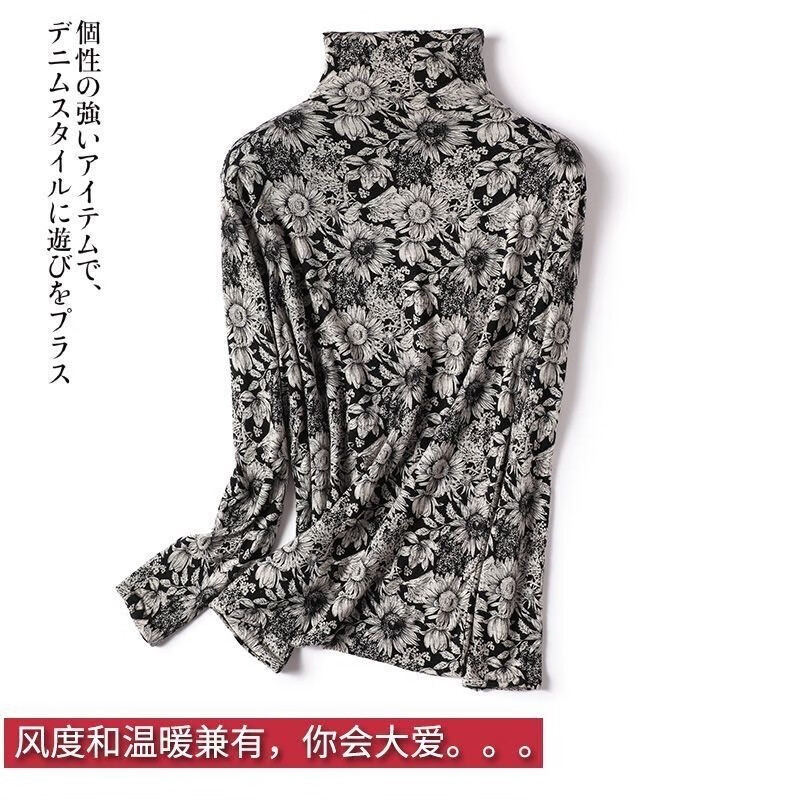 Su Ningning original quality half-turtle collar German velvet bottoming shirt for women in autumn and winter, Western style plus velvet thickened printed T-shirt, Yinhua German velvet (soon to be sold out) XL recommended 115-130 pounds