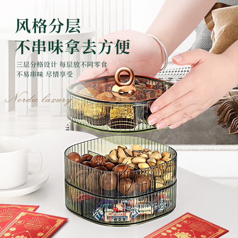 Baicaoyuan Candy Box Fruit Plate Melon Seeds Dried Fruit Nut Fruit Plate Compartment Snack Storage Box Living Room Light Luxury Green Three-Layer Cover