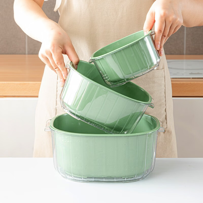 Sungsa vegetable sink drain basket kitchen double-layer vegetable basket storage basket filter water washing fruit artifact washing basin early summer white (2-piece basin sieve large size)